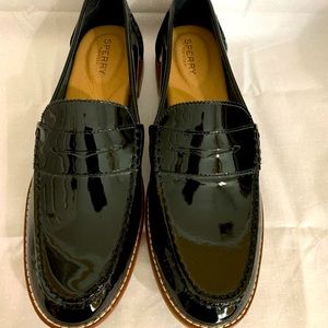 Black Patent Leather Sperry Seaport Loafer.